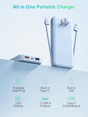 citicr Portable Charger 10000mAh PD20W w/Built-in Cables & Wall Plug Blue - color: Blue