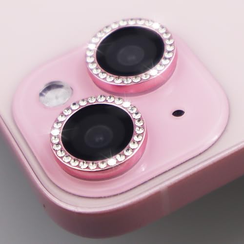 Camera Lens Protector for iPhone 15/15 Plus/14/14 Plus Bling Diamond Metal Ring Rhinestone Tempered Glass Lens Cover Accessories (Pink) - color: Pink