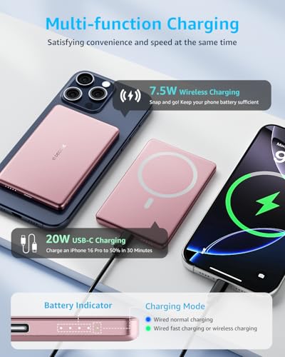 “Air” Power Bank for MagSafe 5000mAh Ultra Slim Battery Charger Case | Magnetic Wireless Portable Battery Charger Case with USB-C Cable, Compatible with iPhone 17/16/15/14/13/12 Series Only (Pink) - color: Pink
