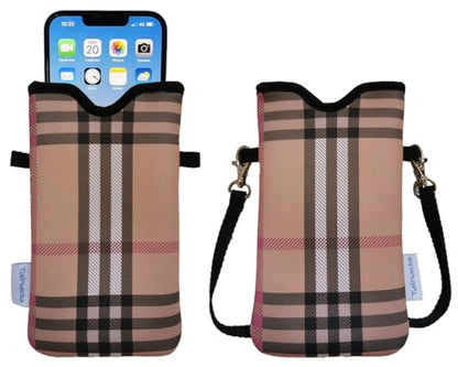 Tainada Neoprene Phone Pouch w/Crossbody, Neck Lanyard (Camel Brown Plaid) | For Men/Women; lightweight neoprene pouch; Compatible with iPhone 17/16 Pro Max, 16e, 16/15 Plus; Samsung S26/S25, A57/A56 - color: Camel Brown Plaid