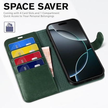 TUCCH Wallet Case for iPhone 16 Pro Max 6.9" 2024, 4 Card Slots, Evergreen | RFID Blocking, Viewing Stand, Shockproof TPU Shell, PU Leather, Magnetic Closure, Protective Folio Flip Cover - color: Evergreen