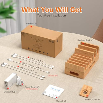 Bamboo Charging Station with 5-Port USB Charger & 5 Cables-Natural Bamboo - color: #2 (Dock+Cables+Adaptor)