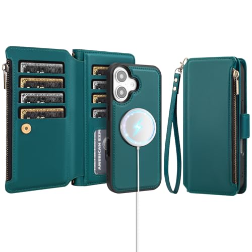 Antsturdy Compatible with MagSafe iPhone 17 Wallet Case,Indigo Blue | Detachable Magnetic Credit Card Holder,RFID Blocking,PU Leather Zipper Purse,Wrist Strap Kickstand,Flip Phone Cover for Women - color: (Detachable with Magsafe)-Indigo Blue