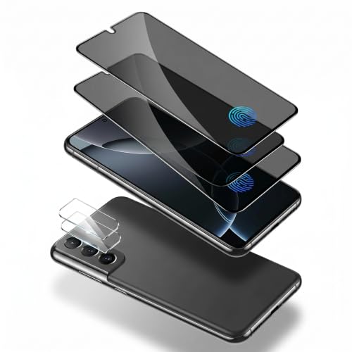 (2+2Pack) Galaxy S22 Privacy Screen Protector Tempered Glass, with 2 Pack Camera Lens Protector, 9H Hardness 2D Curved Full Coverage Bubble Free Support Fingerprint, for Galaxy S22 5G 6.1 Inch