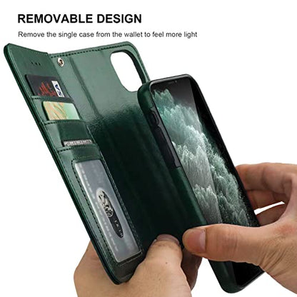 Bocasal Detachable Wallet Case Card Holder for iPhone 11, Green | Kickstand Card Slots Holder PU Leather Magnetic Shockproof Wrist Strap Removable Flip Protective Cover 6.1 inch - color: Green