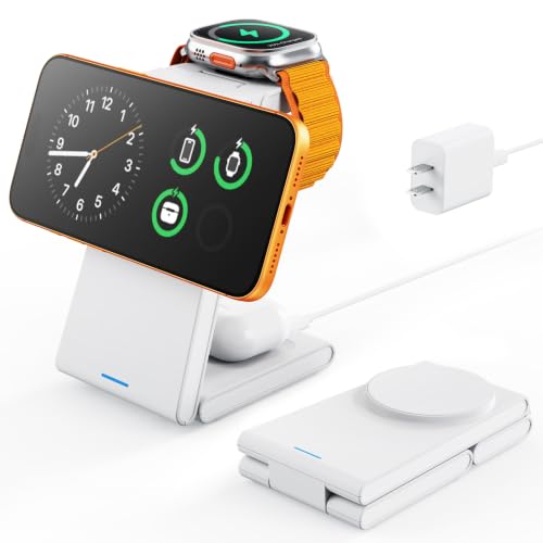 JoyGeek Foldable 3-in-1 Wireless Charging Station for iPhone Air/17/16/15/14/13/12, Charging Stand for Apple Watch 11-2 and AirPods, Travel Wireless Charger - color: oyster white
