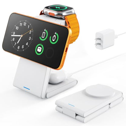 JoyGeek Foldable 3-in-1 Wireless Charging Station for iPhone Air/17/16/15/14/13/12, Charging Stand for Apple Watch 11-2 and AirPods, Travel Wireless Charger - color: oyster white