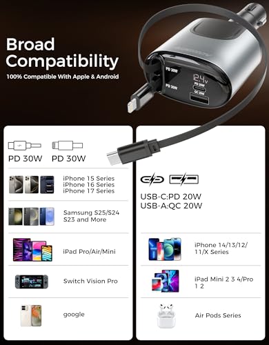 Retractable Car Charger 100W, Phone Charger USB C Fast Charging, 4 in 1 | Cigarette Lighter Adapter for iPhone 17 16 15 14 13 12 11 Samsung Pixel, Travel Essentials Car Accessories Gifts for Him Her