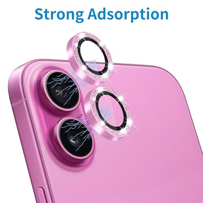 Designed for iPhone 16 and 16 Plus Camera Lens Protector, Bling Glitter Diamond Lens Cover 9H Tempered Glass Camera Cover Anti Scratch Shockproof Screen Protector - color: Pink Glitter