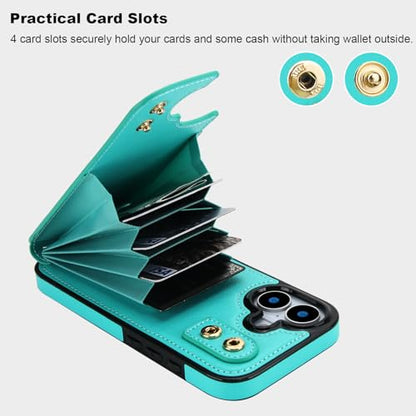 Folosu for iPhone 17 Case Wallet with Card Holder, Finger Ring Cover Green - color: Mint Green
