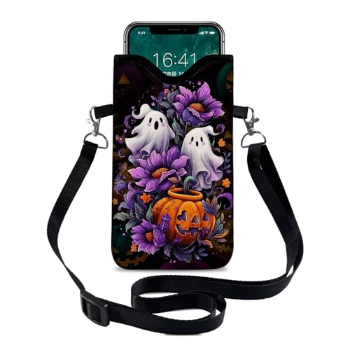 Neoprene Cell Phone Sleeve Pouch Case Bag with Crossbody Strap Neck Lanyard for Women 7.1 X 3.9 in - color: Halloween Gifts