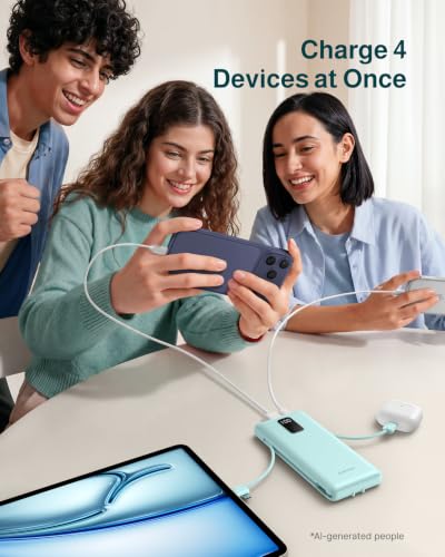 charmast 10000mAh Portable Charger with Built-in Cables and AC Wall Plug - color: Cyan