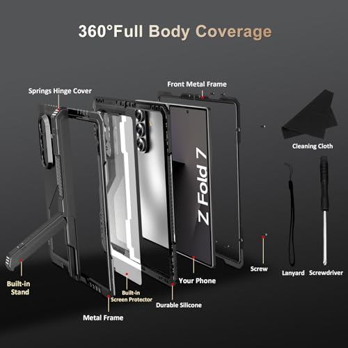Rugged Armor Case for Samsung Galaxy Z Fold 7 5G, Military Grade Shockproof Protective with Kickstand, Built-in Screen Protector, Metal Bumper & Full Hinge Protection Cover, Black - color: Black
