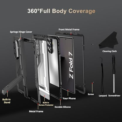 Rugged Armor Case for Samsung Galaxy Z Fold 7 5G, Military Grade Shockproof Protective with Kickstand, Built-in Screen Protector, Metal Bumper & Full Hinge Protection Cover, Black - color: Black