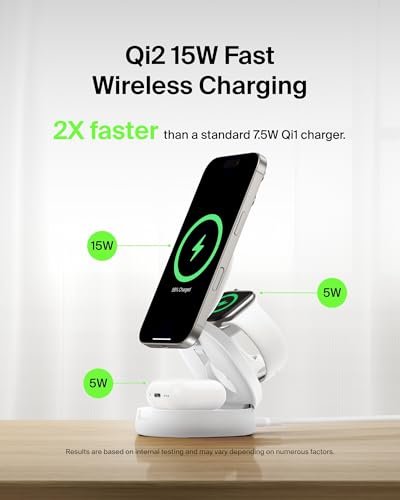 Belkin Qi2 15W Wireless Fast Charging Station, 3 in 1 iPhone Charger - color: White, style: 3 in 1