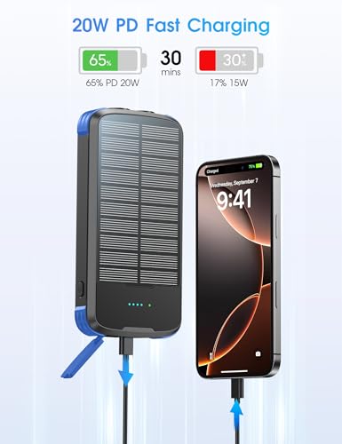 Solar Power Bank 40000mAh PD20W Fast Charging Portable Solar Charger - color: Blue