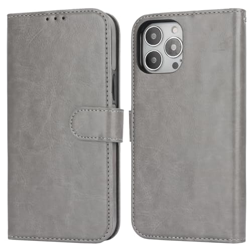 Bocasal Detachable Wallet Case Card Holder for iPhone 13 Pro Max Grey | RFID Blocking Kickstand Card Slots Holder PU Leather Magnetic Shockproof Wrist Strap Removable Flip Protective Cover 6.7 inch - color: Gray