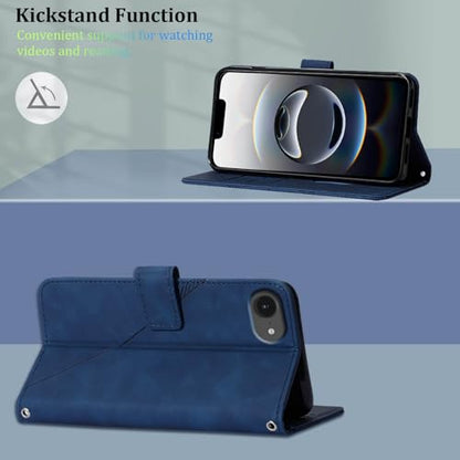 Flip Wallet Case for iPhone 17e/16e, Wrist Strap, Blue | Embossed PU Leather, Detachable Wrist Strap, Card Slots, TPU Inner, Cash Pocket, Magnetic Closure, Stand, Precise Cutouts - color: Blue