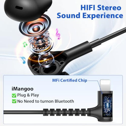 iMangoo for Apple MFi-Certified Lightning Wired Earbuds Headphones with Mic - color: Black