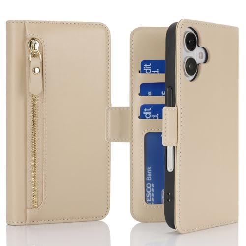 Ｈａｖａｙａ for iPhone 16 case Wallet with Card Holder Zipper for Women Men PU Leather Flip Folio Credit Card Slots Stand Shockproof Phone Cover(6.1")-Beige - color: Beige-A