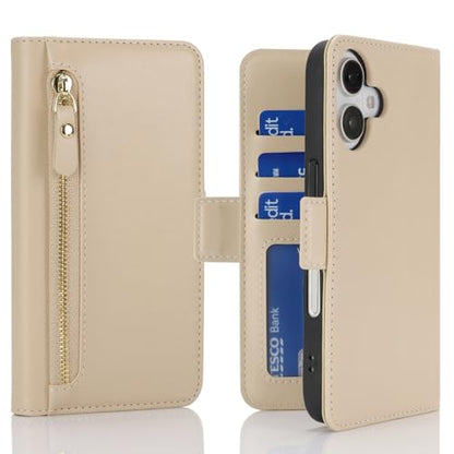Ｈａｖａｙａ for iPhone 16 case Wallet with Card Holder Zipper for Women Men PU Leather Flip Folio Credit Card Slots Stand Shockproof Phone Cover(6.1")-Beige - color: Beige-A