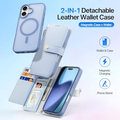 for iPhone 17 Wallet Case, Detachable iPhone 17 Case Wallet Blue | Compatible with Magsafe, RFID Blocking, Zipper Card Holder, PU Leather Flip Folio Case, Strap Wallet Case, - color: Blue, size: iPhone 17