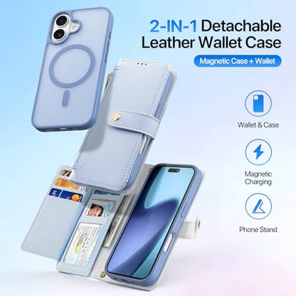 for iPhone 17 Wallet Case, Detachable iPhone 17 Case Wallet Blue | Compatible with Magsafe, RFID Blocking, Zipper Card Holder, PU Leather Flip Folio Case, Strap Wallet Case, - color: Blue, size: iPhone 17