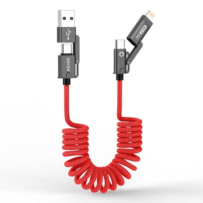 AGVEE 9ft 4-in-1 Coiled Multi Charging Charger Data Transfer Cable - color: Red, size: 9ft