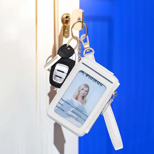 M-Plateau RFID Blocking Keychain Wallet With Leather Wrist Strap | Keychain Wristlet, Womens Card Holder with Zipper Coin Pocket and ID Window - color: White