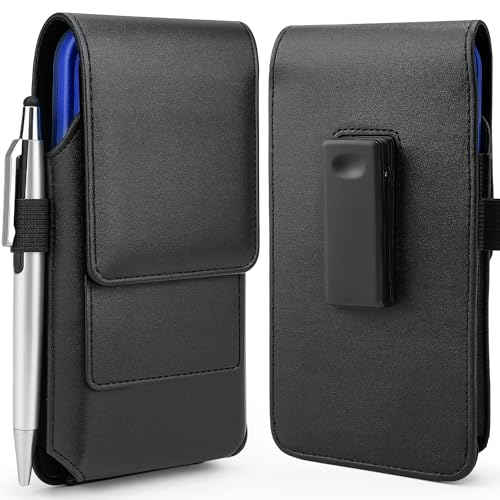 Mopaclle Phone Holster with 360° Rotating Clip,Cell Phone Belt Holder Compatible with iPhone 17 Pro Max/Air,iPhone 16 Pro Max,15 14 Pro Max & Plus,Galaxy S25+/S24+/S23+ & FE Models, Fit with Case On - color: 02 Leather -Black, size: L (6.5 x 3.5x0.5 in)