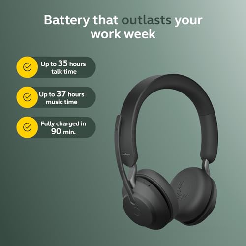 Jabra Evolve2 65 Bluetooth Wireless Headset with Mic for Calls and Music, Dual-Ear Headphones with USB-A Adapter, Up to 37 Hours Battery, Noise-Cancelling, Works with Microsoft Teams, Black (189) - size: USB-A Dongle, style: Teams Certified