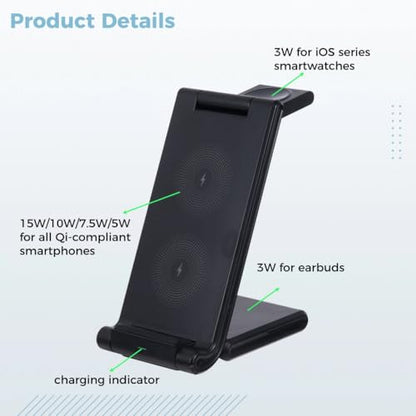Multifunctional 3 in 1 Charging Station, Foldable 15W Charger for Phone, Smartwatch, Earbuds, Portable Dock for Multiple Devices