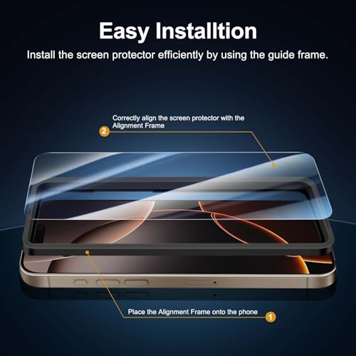 NEW'C 2 Pack for iPhone 16 Pro Max Screen Protector (6.9 inches) + 2 Pack Camera Lens Protector, Sensor Protection, Case Friendly Tempered Glass Film - Easy installation tool included - size: 16 Pro Max 6.9 inches