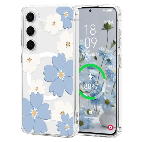 for Samsung Galaxy S25 Plus/S24 Plus Case Flower Clear,Blue | [Compatible with Magsafe], Cute Flower Girls Women Clear Case Silicone Shockproof Protective Cover with Pretty Floral Pattern - color: Blue, size: Samsung Galaxy S25 Plus/S24 Plus