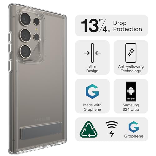 ZAGG Crystal Palace Samsung Galaxy S24 Ultra Case with Kickstand - Ultra-Slim, Graphene-Enhanced, Crystal Clear Protection, 13ft Drop Resistant, Eco-Friendly, Clear - size: Samsung Galaxy S24 Ultra, style: Without Snap