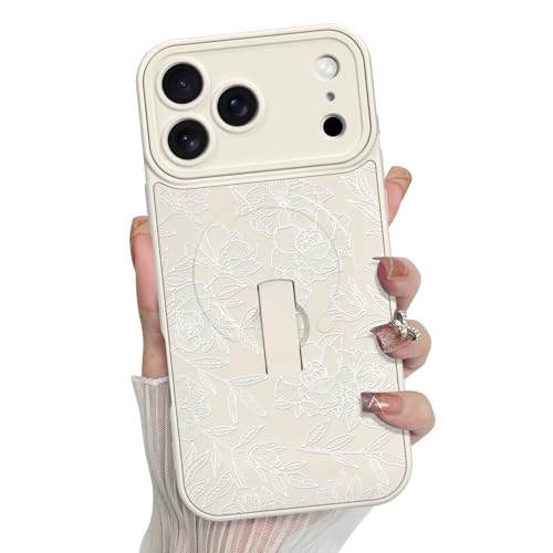 MZELQ for iPhone 17 Pro Max Case Rose Floral Flower Pattern -White | Silicone Cute Support for MagSafe, Kickstand Wristband Camera Protection Soft Slim Phone Case for Girls Women - color: White-Rose, size: iPhone 17 Pro Max