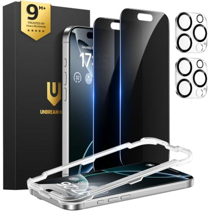 UNBREAKcable iPhone 16 Pro Max Privacy Screen Protector 2-Pack, Upgraded Dual-Tempered Glass + 2 Camera Lens Protectors, 25° Anti-Spy, Military-Grade 9H+, HD Clear, Anti-Fingerprint, 6.9 Inch - size: iPhone 16 Pro Max