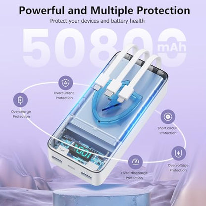 Portable Charger Power Bank 50800mAh,25W USB C Fast Charging Battery Pack with 3 Built in Cables & LED Display,6 Outputs 2 Inputs Travel Essentials Phone Charger for iPhone 18/17/16/15,Android,White - color: White