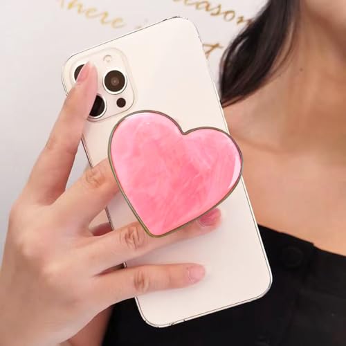 PGONA Cute Pink Heart Collapsible Phone Grip - Kawaii Seashell Pattern Love Handle Phone Stand Holder for Women, Compatible with Kindle, iPad, iPhone