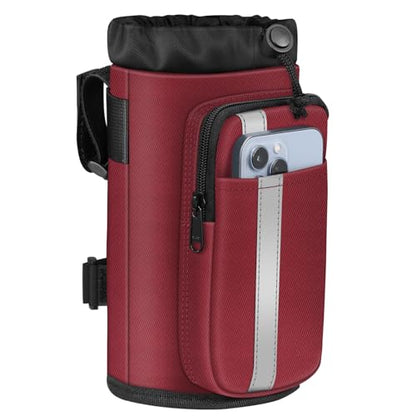 FINPAC Cup Holder for Bike, Universal Water Bottle Holder w/Phone Pockets - color: Burgundy