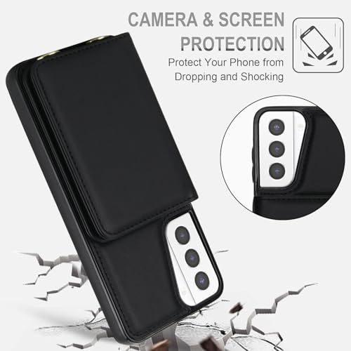 Phone Case for Samsung Galaxy S21 Plus S21+ 5G Wallet Cell Cover with Tempered Glass Screen Protector Wrist Crossbody Strap RFID Blocking Stand Card Holder S21+5G S21plus 21S + S 21 21+ G5 Women Black - color: Black