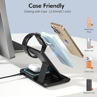 3 in 1 Wireless Charger Charging Station, Wireless Charger Stand for iPhone17 16e 16 15 14 Pro Max 13 12 11,Charging Dock for AirPods 4 3 2 Pro, Apple Watch 11/10/9/Ultra/8/SE/7/6/5/4/3