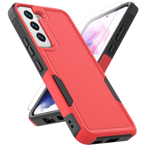 for Samsung Galaxy S22 Case: Dual Layer Protective Heavy Duty Cell Phone Cover Shockproof Rugged with Screen Protector - Military Protection Bumper Tough - Samsung Galaxy S22 5G 2022, 6.1 inch, Red - color: Red (PC) + Black (TPU)