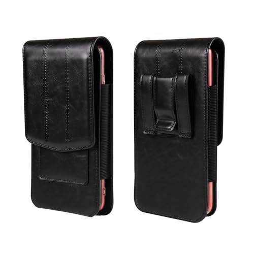 Cell phone Waist Bag with Belt Clip Leather, Vertical Cell Phone Belt Pouch for Men's, Smartphone Waist Holder Wallet Hiking Travel Carrying Case Belt Holster Pack with Card Slot Carabiner Hook - color: Black, size: 7.2 INCH