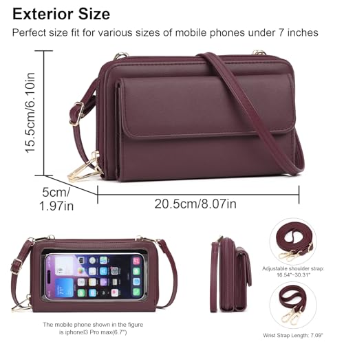 GOIACII Phone Purse Crossbody Bags for Women Small Travel Wallet Touch Screen RFID Blocking - color: C01 Wined-red