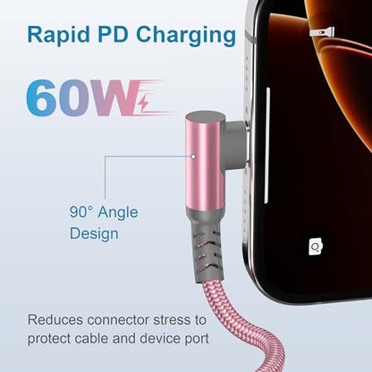 Basesailor 60W USBC to USBC Charger Cable 10FT with USB Adapter Right Angle - color: Pink, size: 10FT/3M