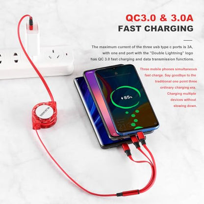 Multi USB C Retractable Cable 3 in 1, 3.3FT/2Pack QC 3.0 Fast Charging Cord