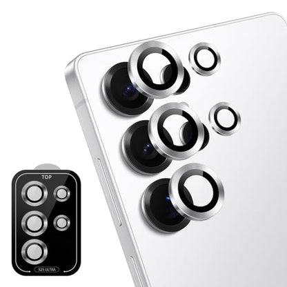 Camera Lens Protector for Samsung Galaxy S25 Ultra 5G, 9H Tempered Glass Individual Metal Ring Camera Cover, Case Friendly Camera Protector for Galaxy S25 Ultra - Titanium Whitesilver