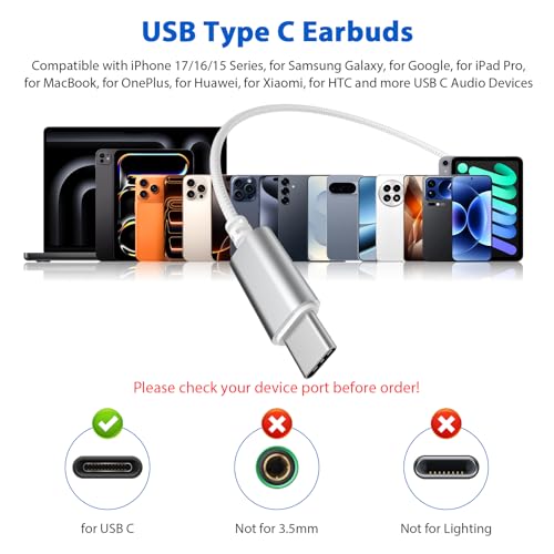 APETOO USB C Headphones Earbuds with Earhook Mic & Volume Control White - color: White