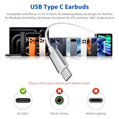 APETOO USB C Headphones Earbuds with Earhook Mic & Volume Control White - color: White